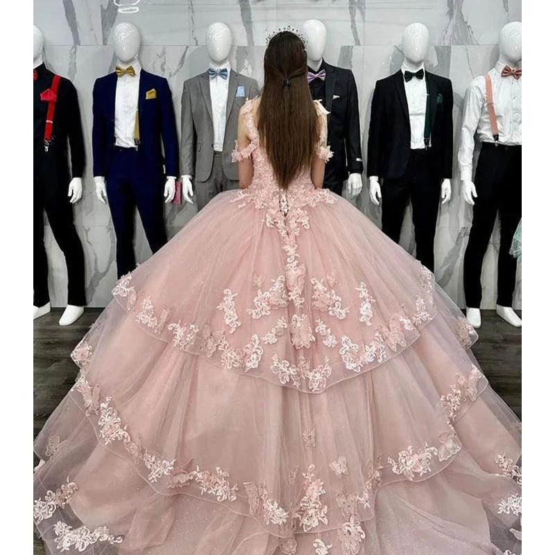 Quince Dress | Pink Quinceanera Dresses Off-Shoulder Beaded Flowers Appliques Vestidos De 15 Anos Formal Prom Birthday Party Gown picture pink