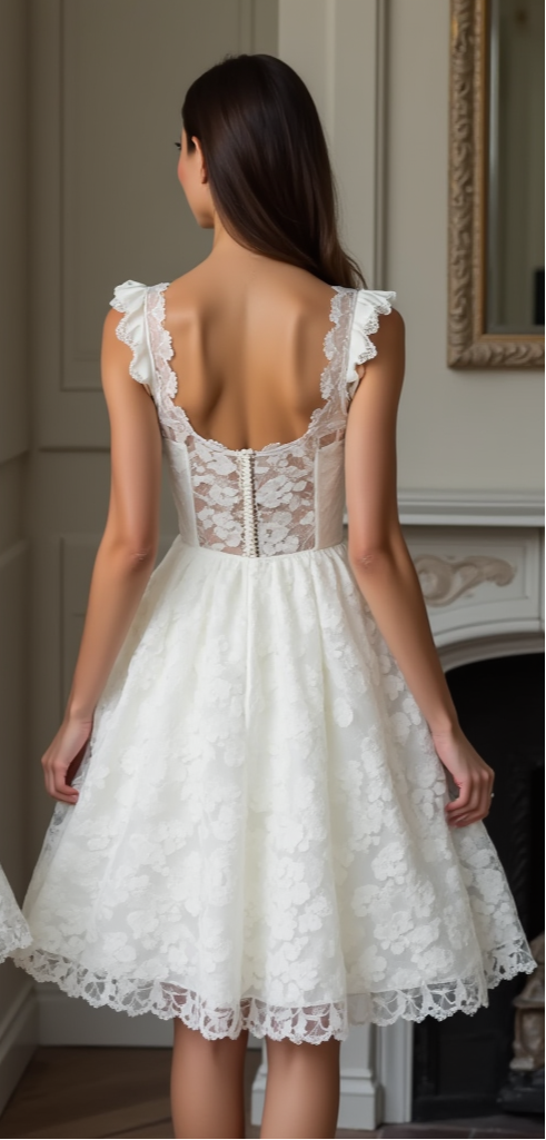 An elegant lace bridal dress featuring a low back with intricate lace details, an A-line silhouette, and a knee-length hemline – ideal for casual and chic weddings.
فستان زفاف دانتيل أنيق يتميز بظهر مكشوف مع تفاصيل دانتيل رائعة، وقصة A-Line، وطول يصل إلى الركبة – مثالي لحفلات الزفاف البسيطة والأنيقة.
Un elegante vestido de novia de encaje con espalda baja con delicados detalles de encaje, silueta en línea A y un dobladillo hasta la rodilla – ideal para bodas casuales y elegantes.

