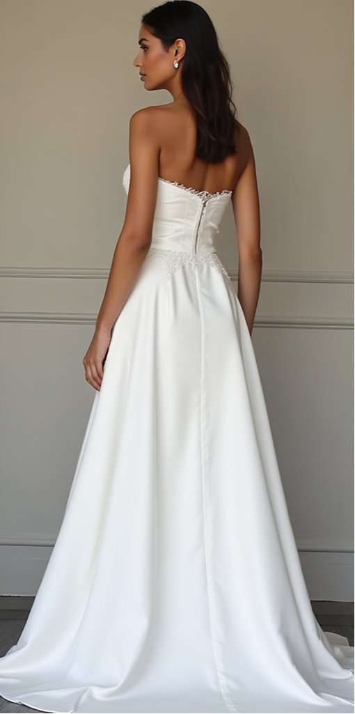 Chic satin A-line bridal gown with a strapless lace bodice, fitted waist, and long flowing train – a luxurious and sophisticated wedding dress choice. | فستان زفاف أنيق بقصة A-Line مع كورسيه مزين بالدانتيل وذيل طويل راقٍ لمظهر زفاف مميز | Vestido de novia con falda en A, corsé de encaje y una elegante cola larga – sofisticado y moderno. | Robe de mariée fluide avec corset en dentelle et traîne en satin – idéale pour une mariée élégante et raffinée.