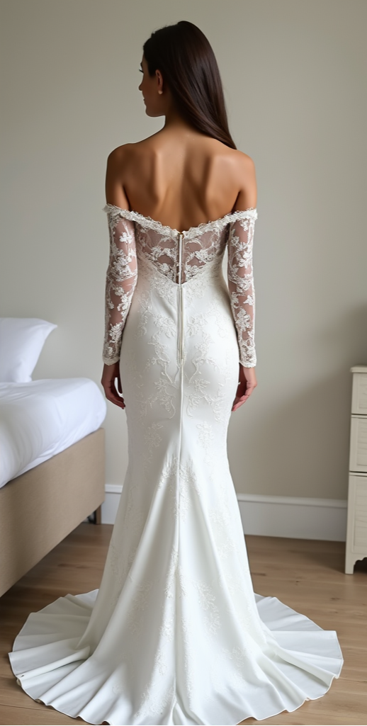Luxury lace wedding gown featuring a semi-transparent back with illusion lace, center zipper closure, and scalloped train – a breathtaking bridal look. | فستان زفاف بظهر مكشوف من الدانتيل بتصميم راقٍ وفاخر | Vestido de novia con espalda transparente y detalles de encaje – un look sofisticado y romántico. | Robe de mariée dos transparent avec dentelle et traîne longue – idéale pour une allure élégante.