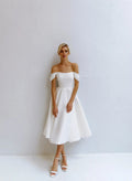 Off-the-Shoulder A-Line Short Wedding Dress with Zipper Back Vestido De Novia Mermaid Court Train White Satin Sleeves Bridal Gowns Princess Modern Satin