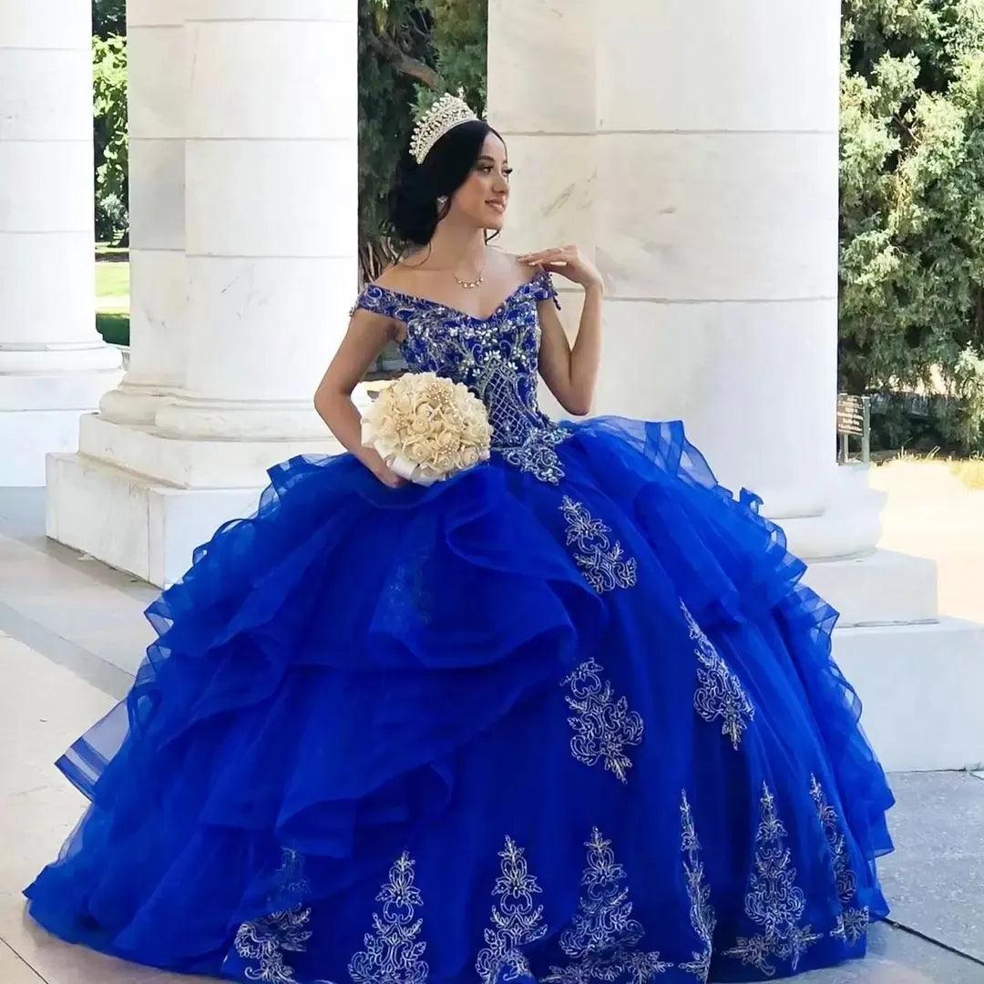 Quince Dress | Royal Blue Off-Shoulder Quinceanera Dresses 15 Party Princess Birthday Gown Fashion Applique Tulle Special Occasion