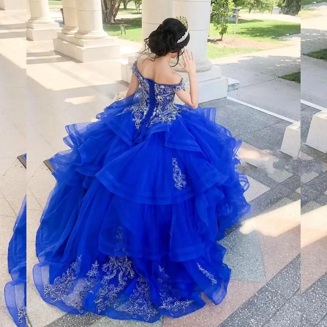 Quince Dress | Royal Blue Off-Shoulder Quinceanera Dresses 15 Party Princess Birthday Gown Fashion Applique Tulle Special Occasion