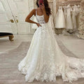Princess Wedding Dresses Lace Appliques Beach Bridal Gowns Boat Neck Spaghetti Straps Boho Country Wedding Gown Open Back Boho