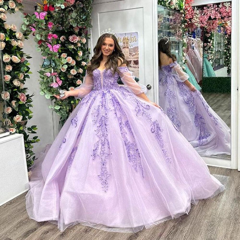 Quince Dress | Lilac Quinceanera Dresses Off-Shoulder Long Sleeves Beading Lace Vestidos De 15 Anos Birthday Party Prom Ball Gown