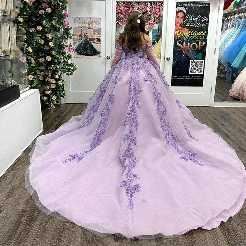 Quince Dress | Lilac Quinceanera Dresses Off-Shoulder Long Sleeves Beading Lace Vestidos De 15 Anos Birthday Party Prom Ball Gown